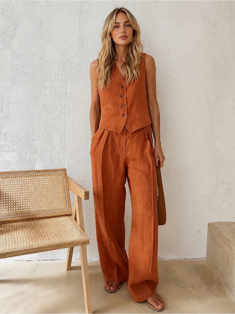 Commense Cotton & Linen Sleeveless Vest with Pants Set